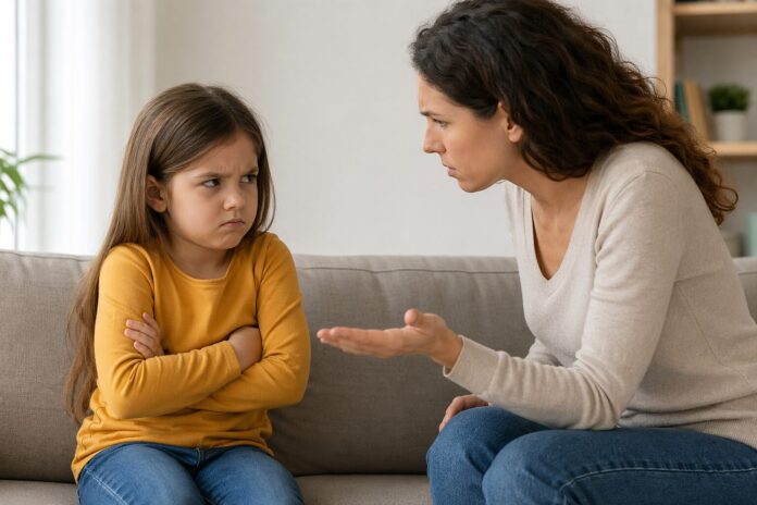 Çocuk neden inatlaşır sorusunu anlatan, annesiyle tartışan ve kollarını kavuşturmuş küçük çocuk