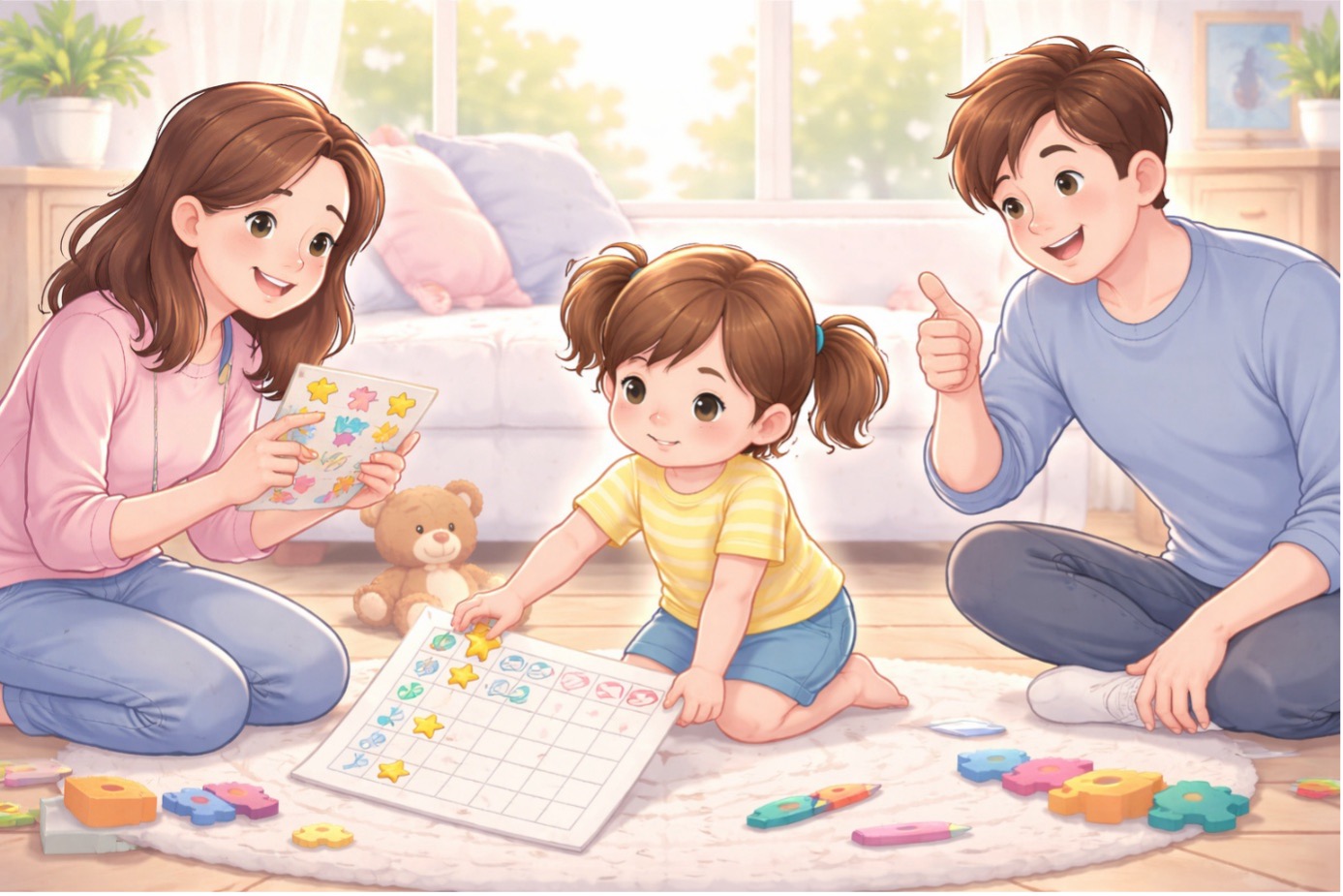 Bir ödül tablosuna yıldız yapıştıran mutlu bir kız çocuğu ve onu destekleyen ebeveynleri. Çocuk neden inatlaşır sorusuna karşılık, pozitif pekiştirme ve teşvik edici ebeveyn tutumunu gösteren eğitici görsel.