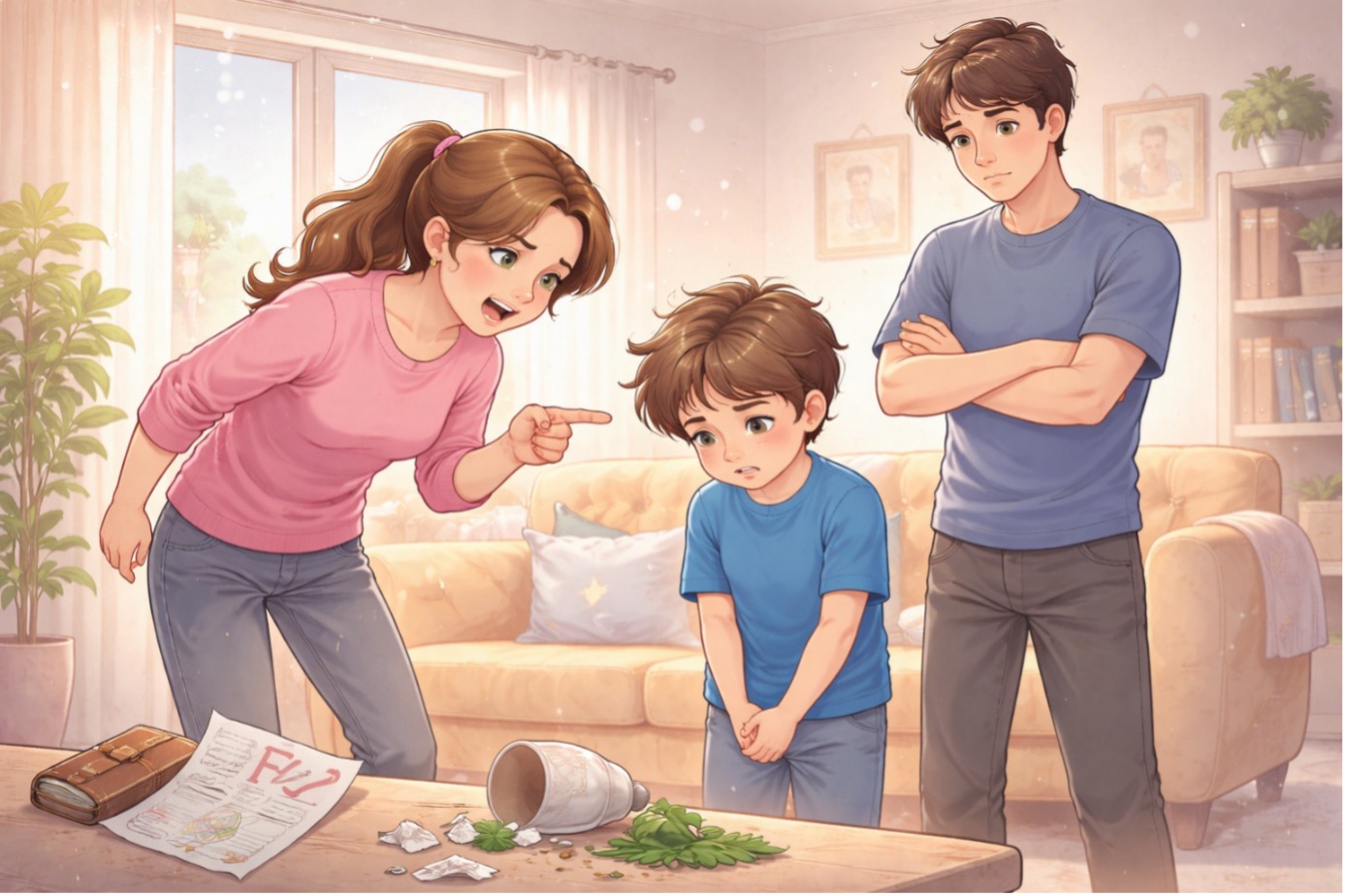 Masadaki kırık vazo ve düşük notlu sınav kâğıdı nedeniyle annesi tarafından azarlanan, suçluluk içinde başını öne eğmiş bir erkek çocuğu. Çocuk neden yalan söyler sorusuna temel olan sert ebeveyn tutumu ve cezalandırılma kaygısını yansıtan sahne.