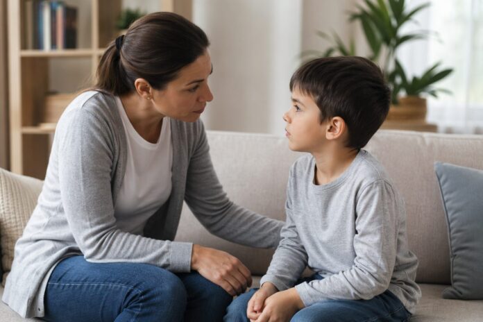 “Çocuk neden yalan söyler sorusunu ele alan bir içerik için anne ile çocuğun sakin bir şekilde konuştuğu anı gösteren görsel.”