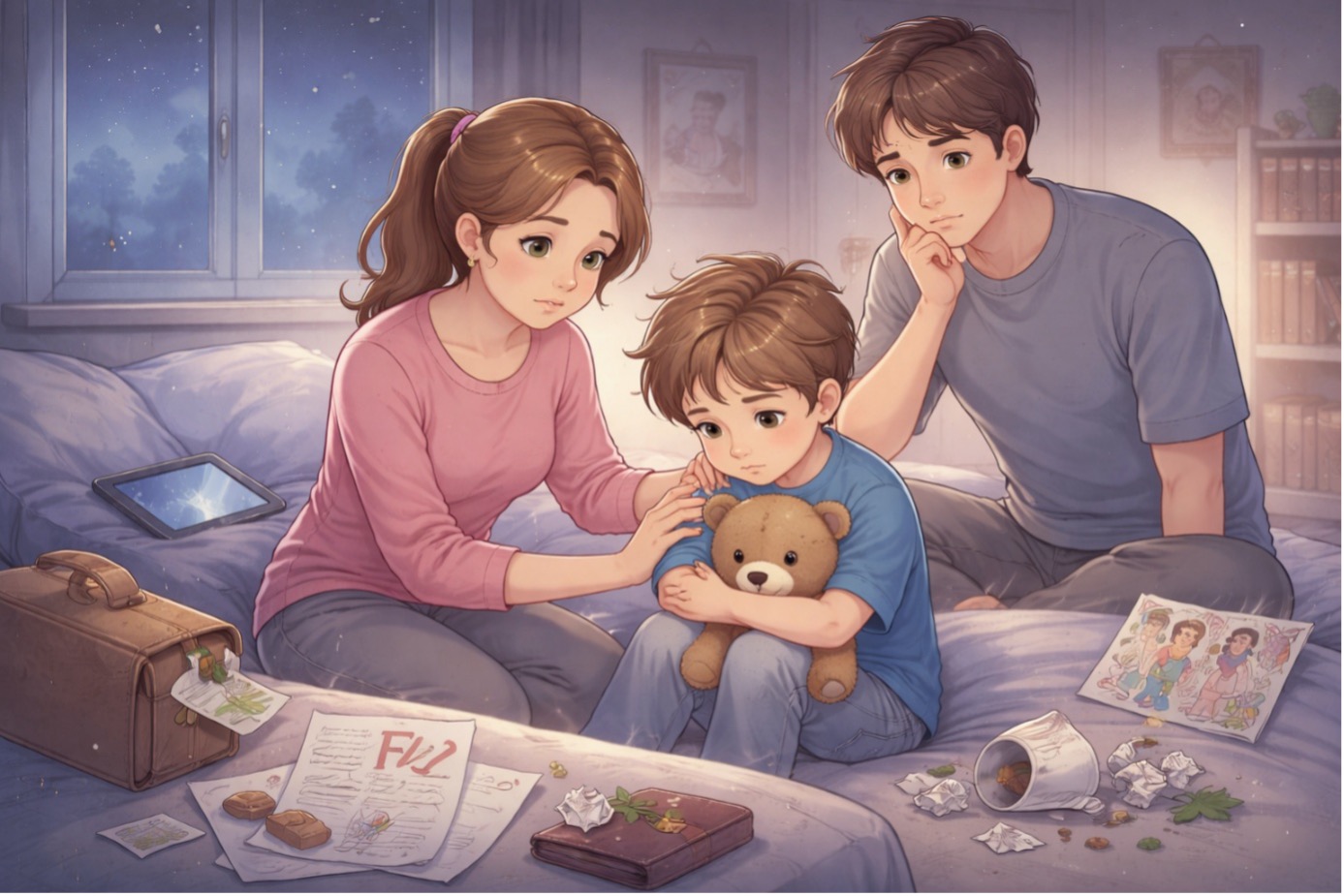 Kırık bir tablet ve düşük notlu bir sınav kâğıdı önünde üzgünce oturan küçük bir çocuk ile ona endişeyle bakan anne ve babası. Çocuk neden yalan söyler sorusu bağlamında; ceza alma korkusu ve ebeveynleri hayal kırıklığına uğratma kaygısını betimleyen illüstrasyon.