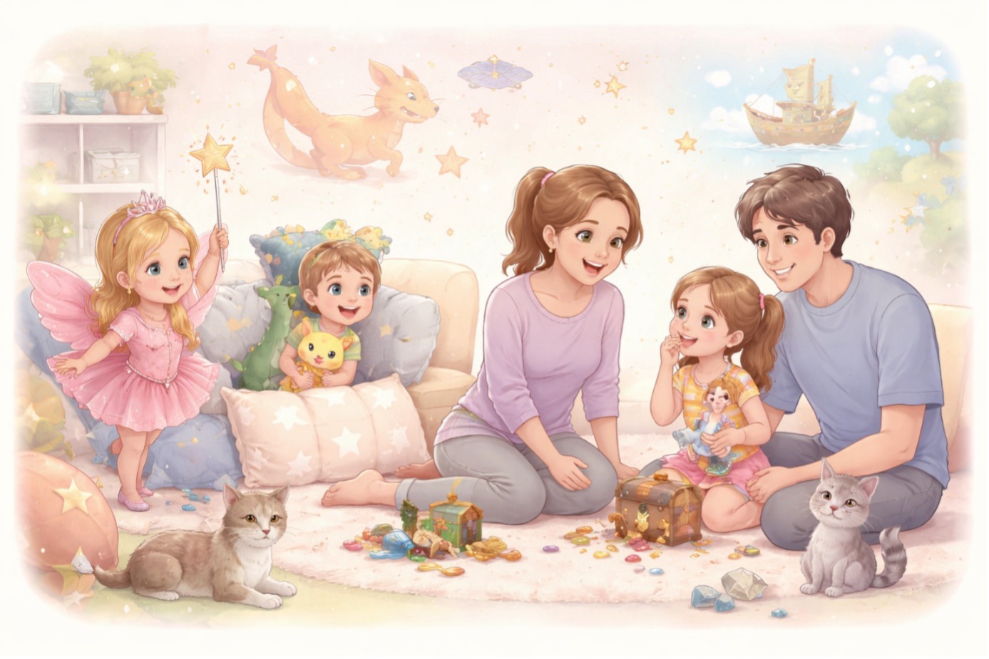 Hayali karakterler, uçan bir tilki ve hazine sandığı eşliğinde ailesine heyecanla bir şeyler anlatan küçük bir kız çocuğu. Çocuk neden yalan söyler sorusunun arkasındaki hayal gücü ve masalsı anlatım becerisini temsil eden renkli bir aile illüstrasyonu.