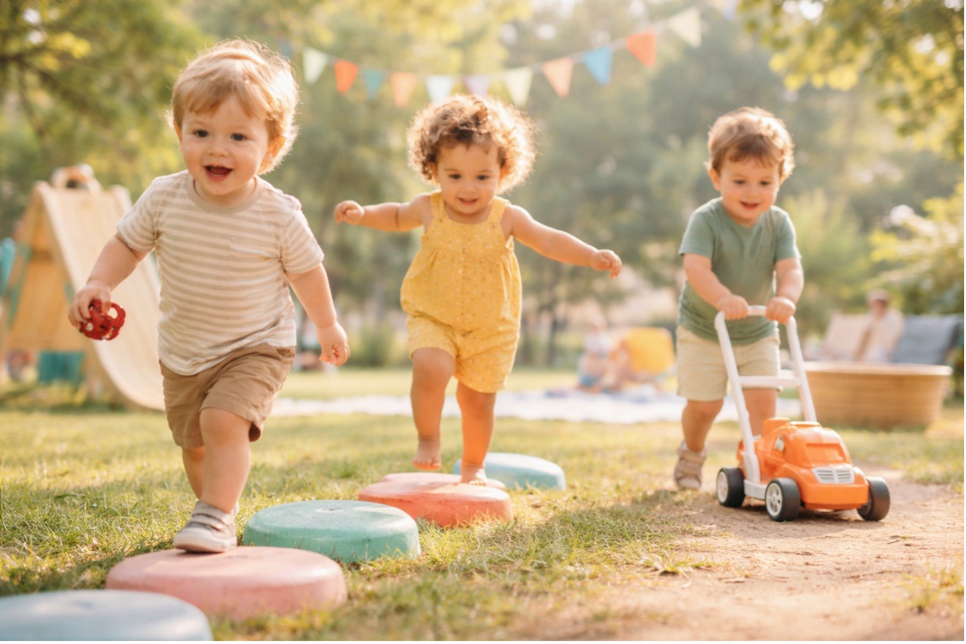 Çocuklarda kaba motor becerileri gelişimini destekleyen denge oyunu oynayan çocuklar