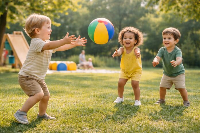 Parkta top oynayan çocukların çocuklarda kaba motor becerileri gelişimini destekleyen hareketli oyunu