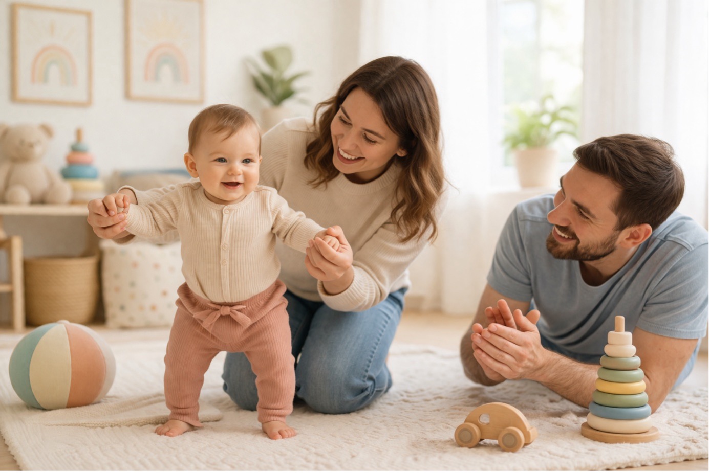 Çocuklarda kaba motor becerileri gelişimini destekleyen, ebeveynleriyle yürümeye çalışan bir bebeğin oyun anı