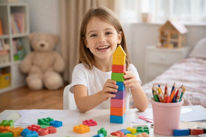 “Çocuklarda özgüven nasıl artırılır sorusuna örnek olarak bloklarla oyun oynayıp kule yapan mutlu bir çocuk.”