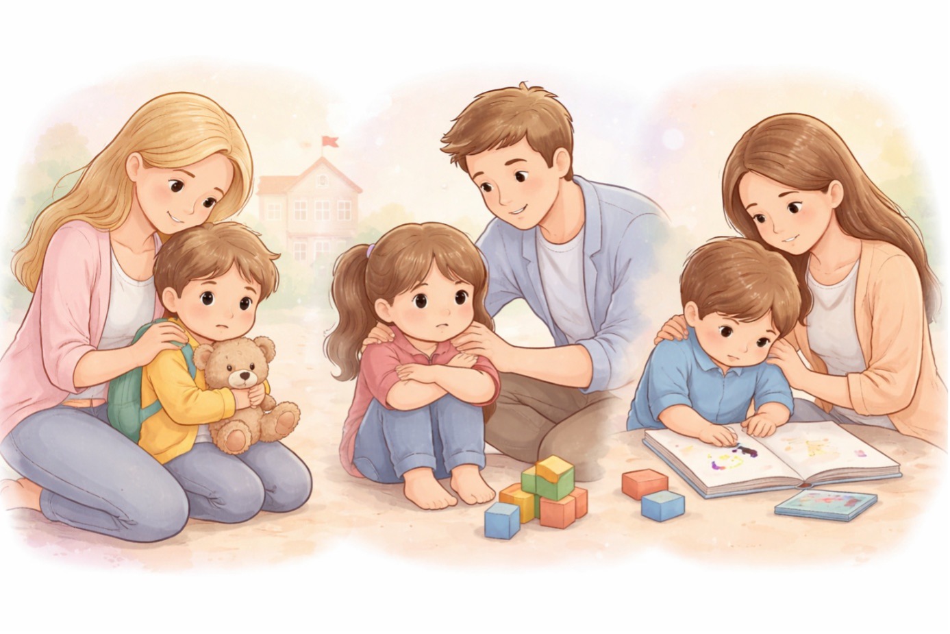 “Çocuklarda özgüven nasıl artırılır: ebeveynlerin üzgün veya çekingen görünen çocukları destekleyerek özgüven gelişimine yardımcı olduğu bir sahne.”