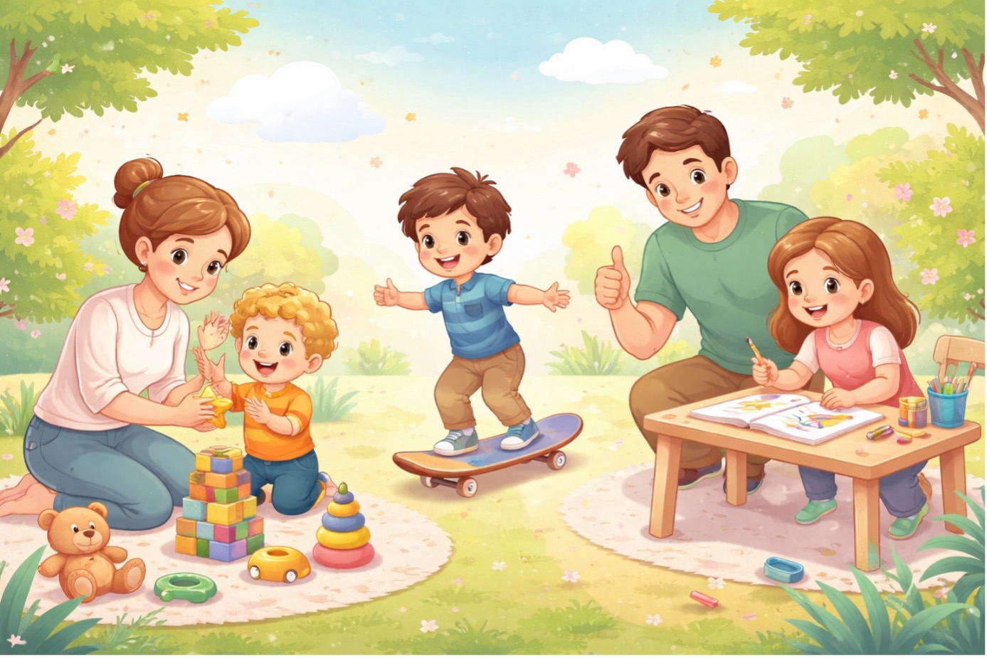 “Çocuklarda özgüven nasıl artırılır sorusuna örnek olarak ebeveynlerin çocuklarıyla oyun oynadığı ve destekleyici bir ortam oluşturduğu bir aile sahnesi.”