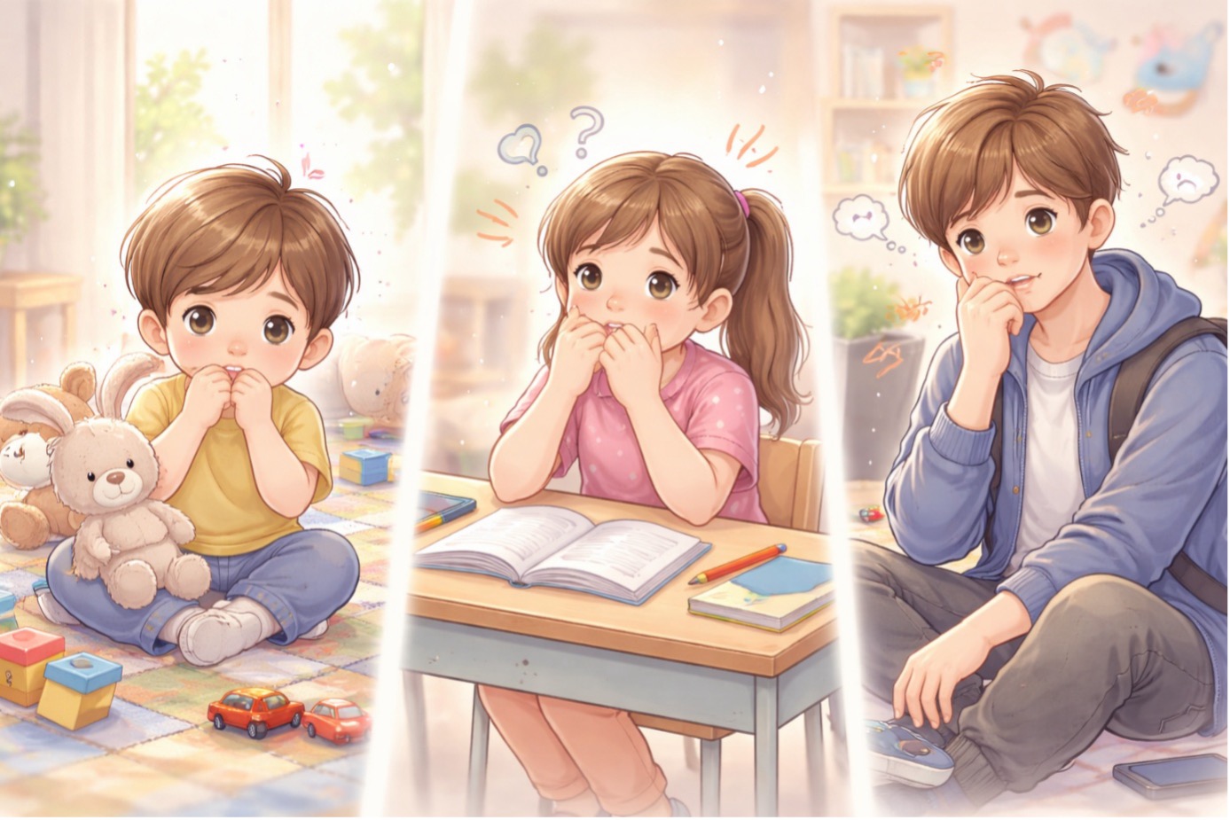 Çocuklarda tırnak yeme nasıl bırakılır sorusunu gösteren, farklı yaş gruplarında tırnak yeme davranışı yaşayan çocuklar 