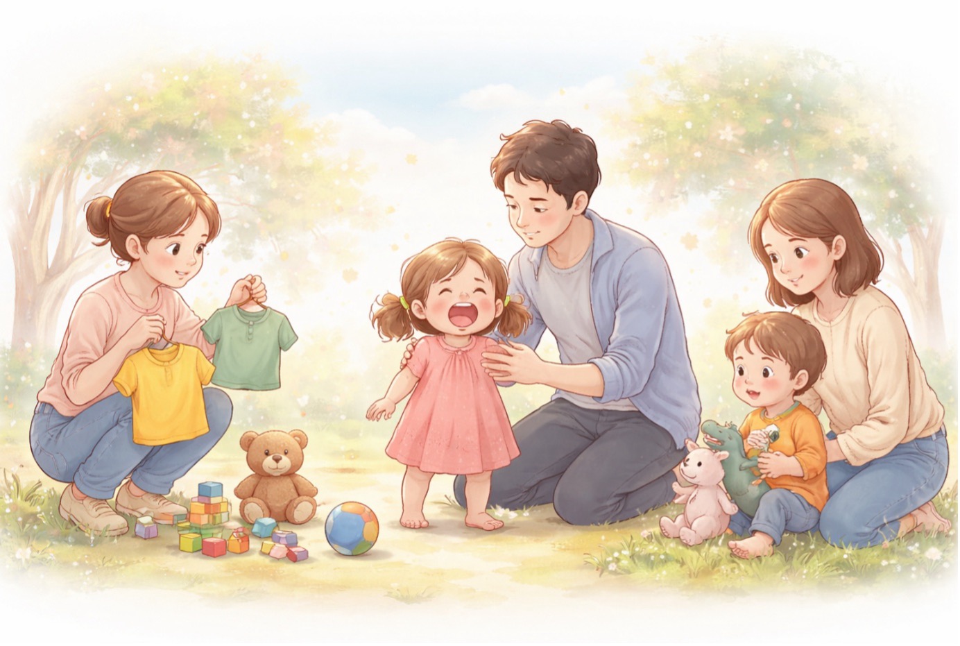 “Çocuklarda yaş sendromları döneminde ebeveynlerin küçük çocuklarla oyun ve günlük rutin sırasında etkileşimini gösteren illüstrasyon.”