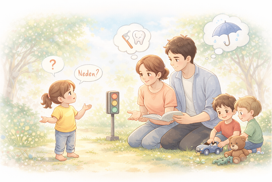 “Çocuklarda yaş sendromları döneminde bir çocuğun ‘neden’ soruları sormasını ve ebeveynlerin neden-sonuç ilişkisini açıklamasını gösteren illüstrasyon.”