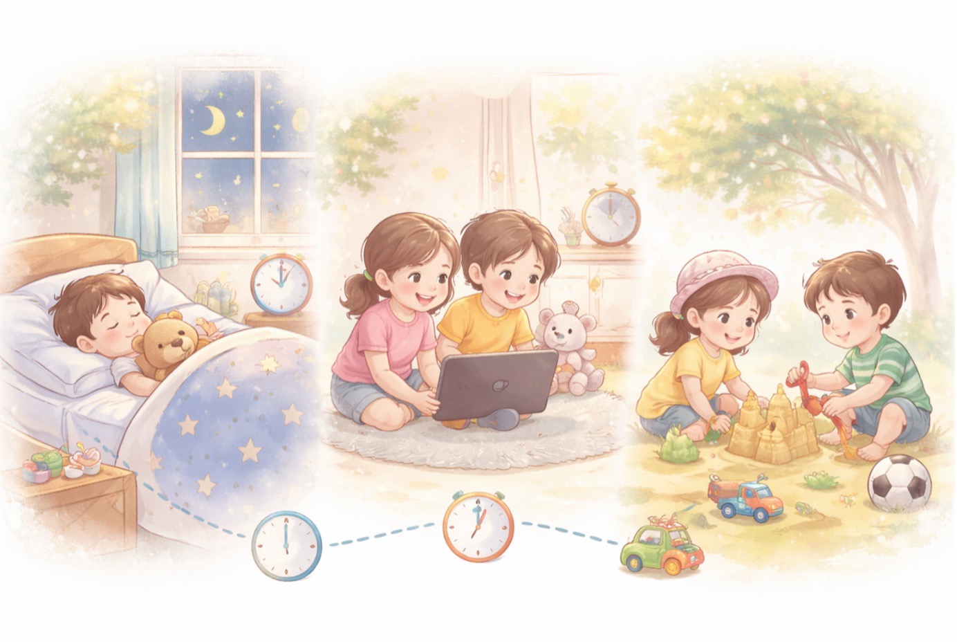 “Çocuklarda yaş sendromları döneminde uyku rutini, ekran süresi ve oyun zamanını gösteren günlük rutin illüstrasyonu.”