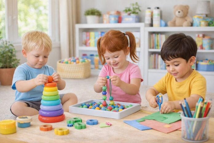 “Çocuklarda ince motor becerileri gelişimi için boncuk dizme, blok yerleştirme ve makas kesme etkinlikleri.”