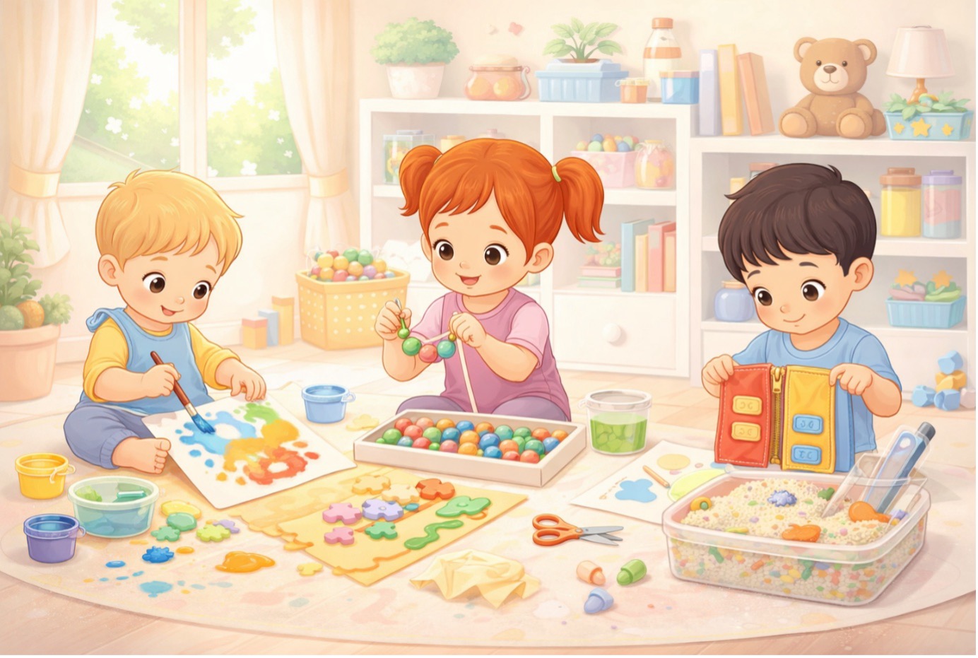 “Çocuklarda ince motor becerileri gelişimini destekleyen boncuk dizme, boyama ve düğme panosu aktiviteleri.” 