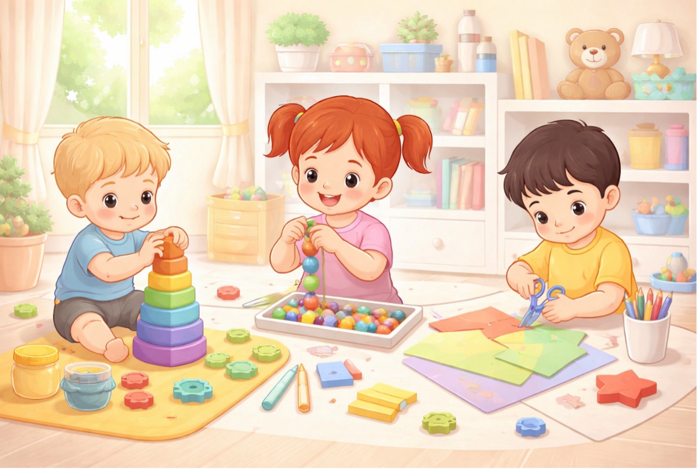 “İnce motor becerileri gelişimini destekleyen boncuk dizme, blok yerleştirme ve makas kullanma aktiviteleri yapan çocuklar.” 