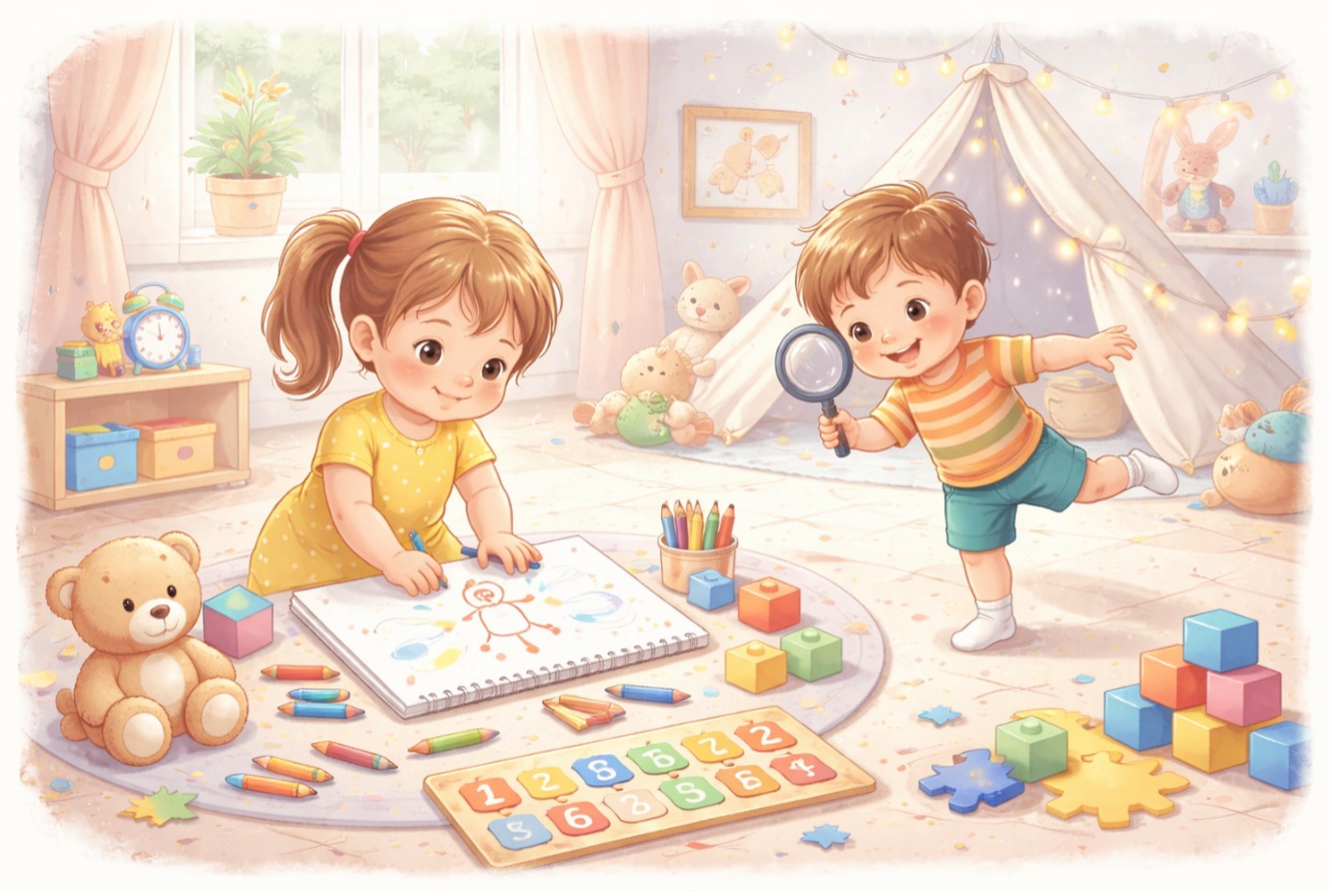 Oyun odasında resim yaparak yaratıcılığını sergileyen bir kız çocuğu ve elinde büyüteçle keşfe çıkan meraklı bir erkek çocuğu. Yaşa göre çocuk gelişimi sürecindeki bilişsel öğrenme, ince motor becerileri ve sayı farkındalığını simgeleyen eğitici materyallerle dolu bir sahne.