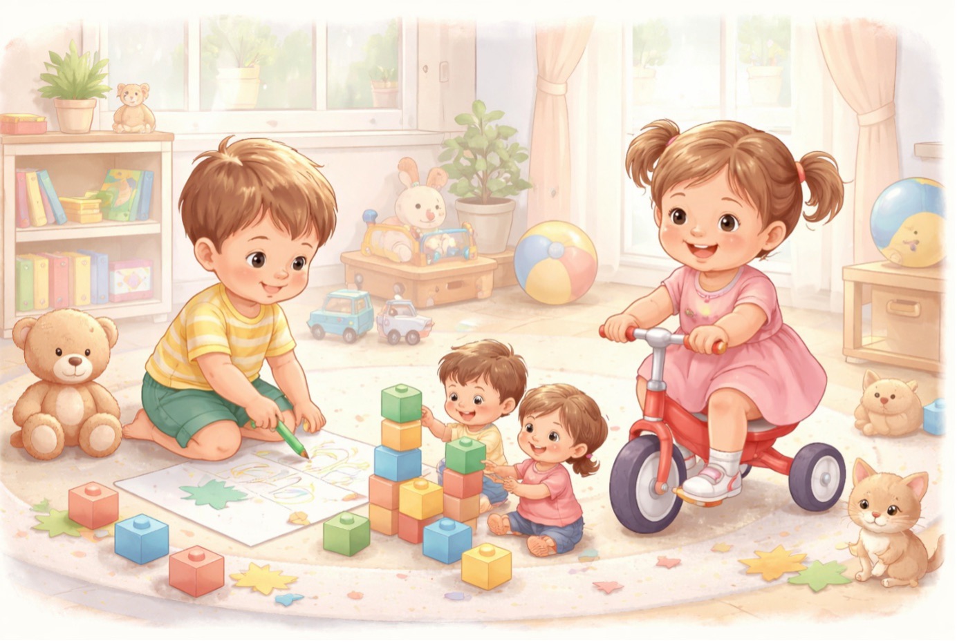 Bir oyun odasında farklı aktiviteler yapan çocuklar; bloklarla kule yapan küçükler, resim çizen bir çocuk ve üç tekerlekli bisiklete binen bir kız çocuğu. Yaşa göre çocuk gelişimi basamaklarını, ince ve kaba motor becerilerinin gelişimini temsil eden neşeli bir illüstrasyon.