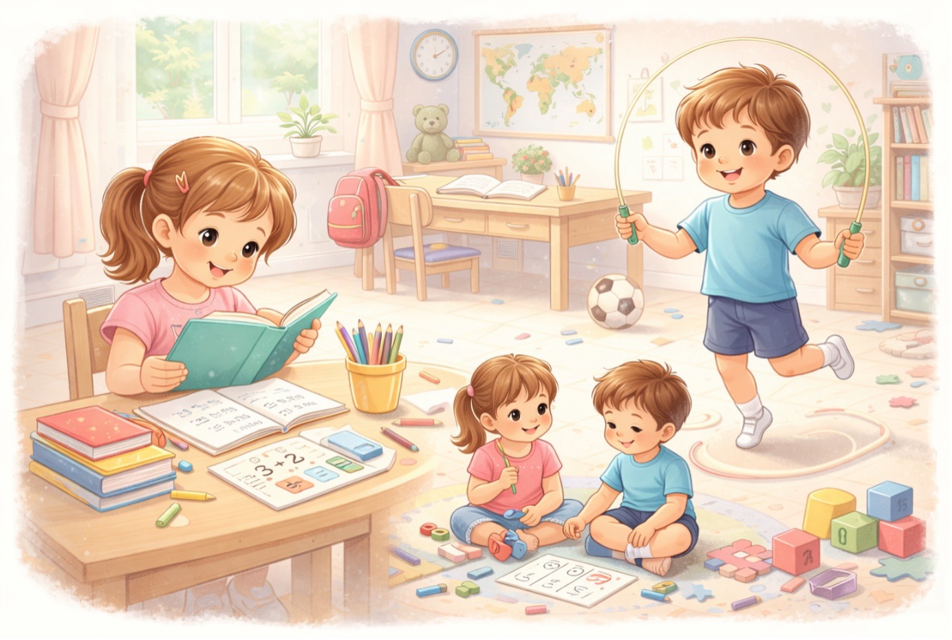 Sınıf ortamında kitap okuyup matematik çalışan bir kız çocuğu, ip atlayan bir erkek çocuğu ve birlikte oyun oynayan küçük çocuklar. Yaşa göre çocuk gelişimi evrelerinde görülen bilişsel odaklanma, kaba motor becerileri ve sosyal etkileşimi temsil eden kapsamlı bir illüstrasyon.